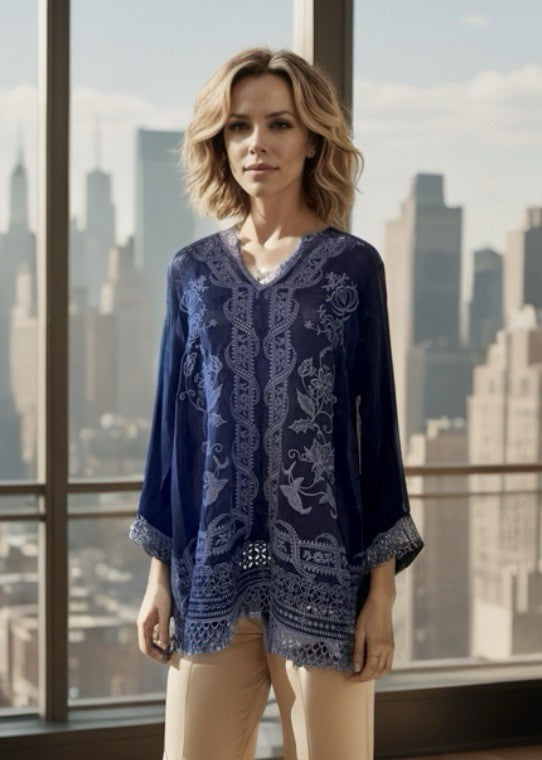 Johnny Was M Black Tunic Top Eyelet & Lace Silky Kimono Sleeves Lightweight Cool Johnny Was