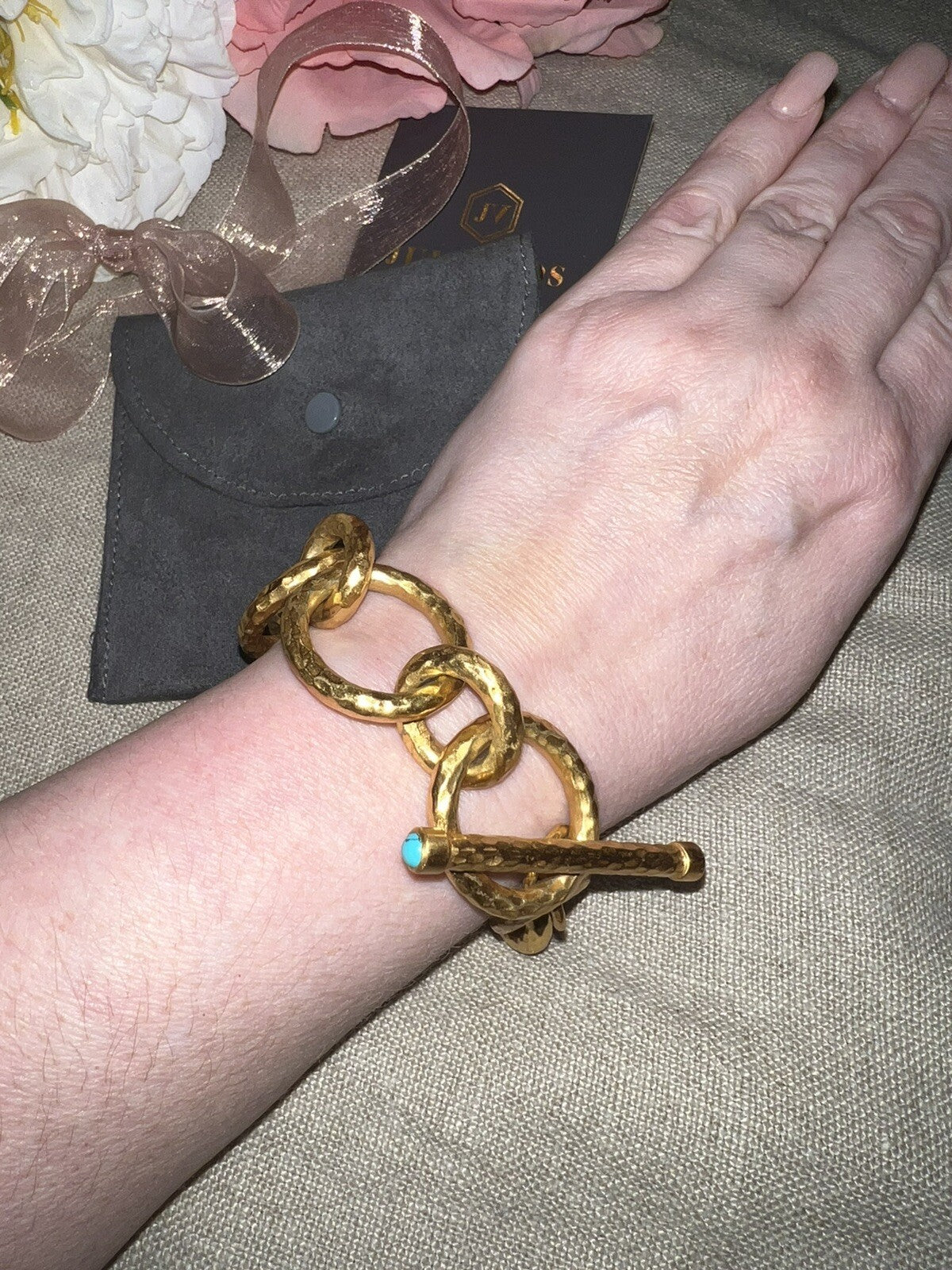 Julie Vos 8.5” Large Size Turquoise Cap Link Bracelet Adjustable Toggle NWO Julie Vos