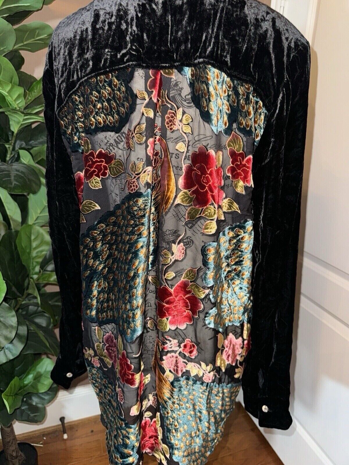 Johnny Was Large BOHO Black Velvet & Silk Button Up Tunic Top STUNNING BACK