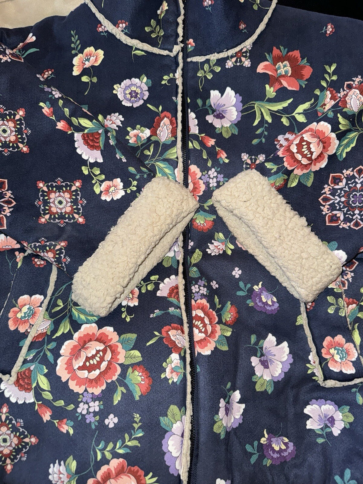 Johnny Was L Navy Blue Coat Jacket Faux Suede & Shearling Oversized Floral Johnny Was Pete & Greta