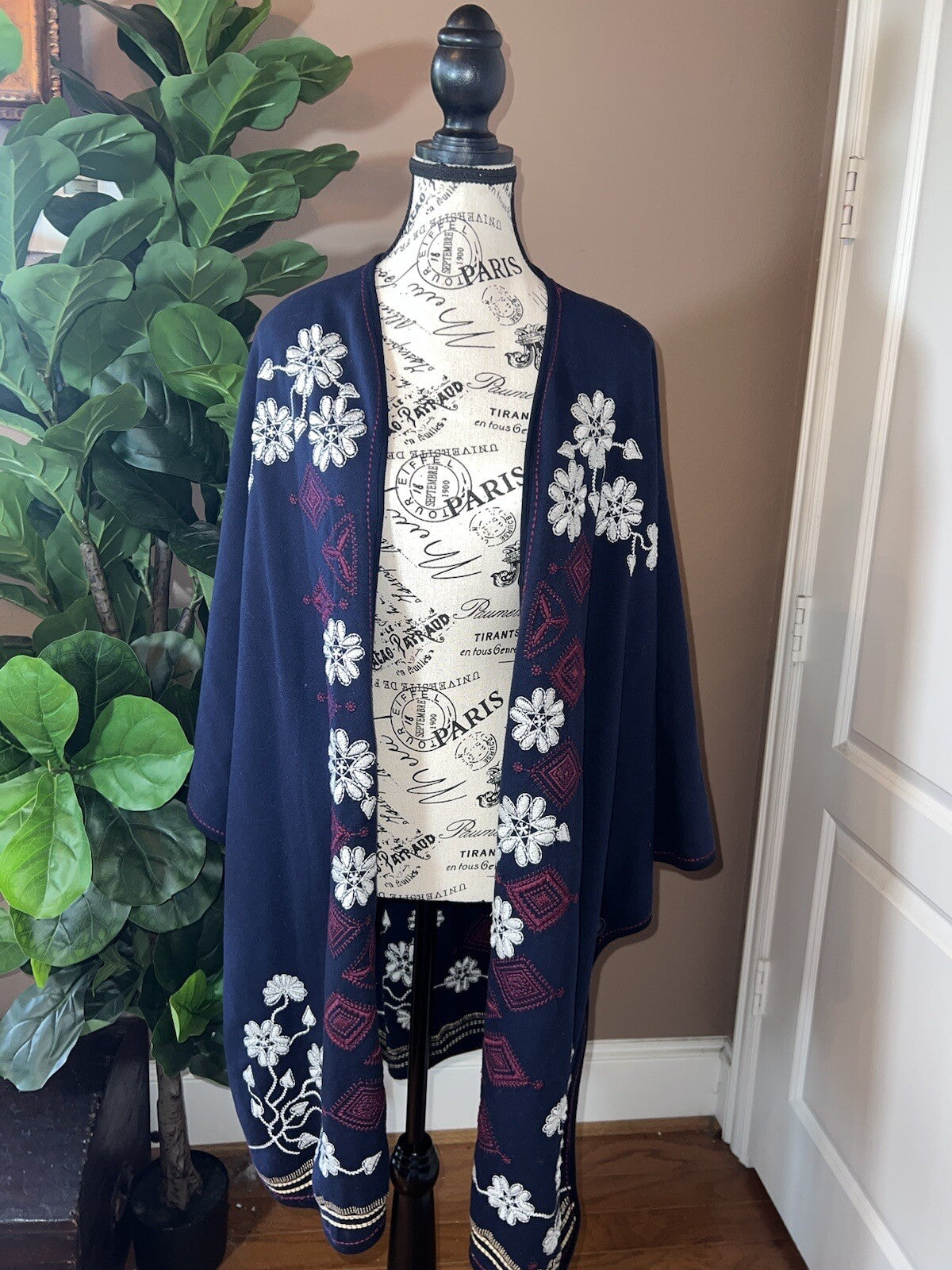 Johnny Was Navy Blue & Red French Terry 3X Kimono Wrap Poncho Coat Jacket Johnny Was