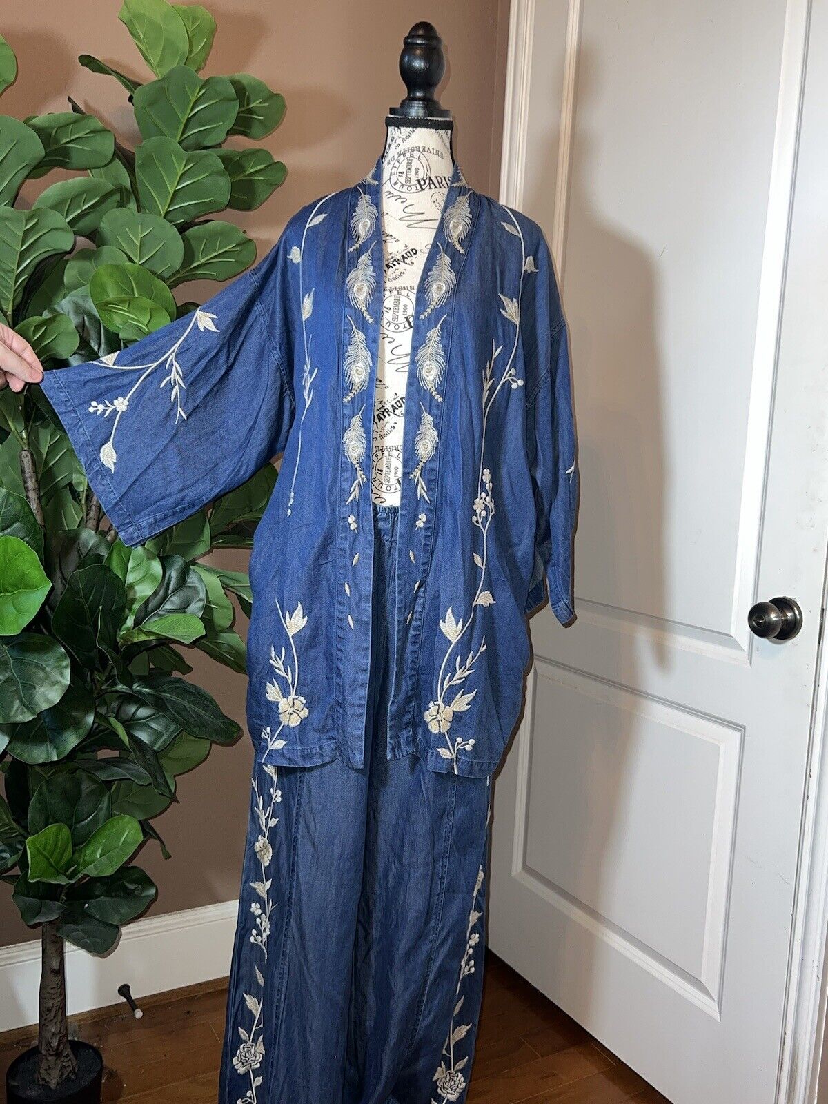 Johnny Was 2pc Set Denim XL Kimono & L Wide Leg Pants Embroidered Crane RARE