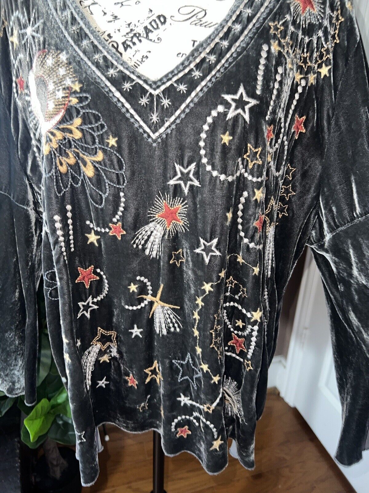 Johnny Was Charcoal Grey Velvet Celestial Embroidered Tunic Top XL Peasant