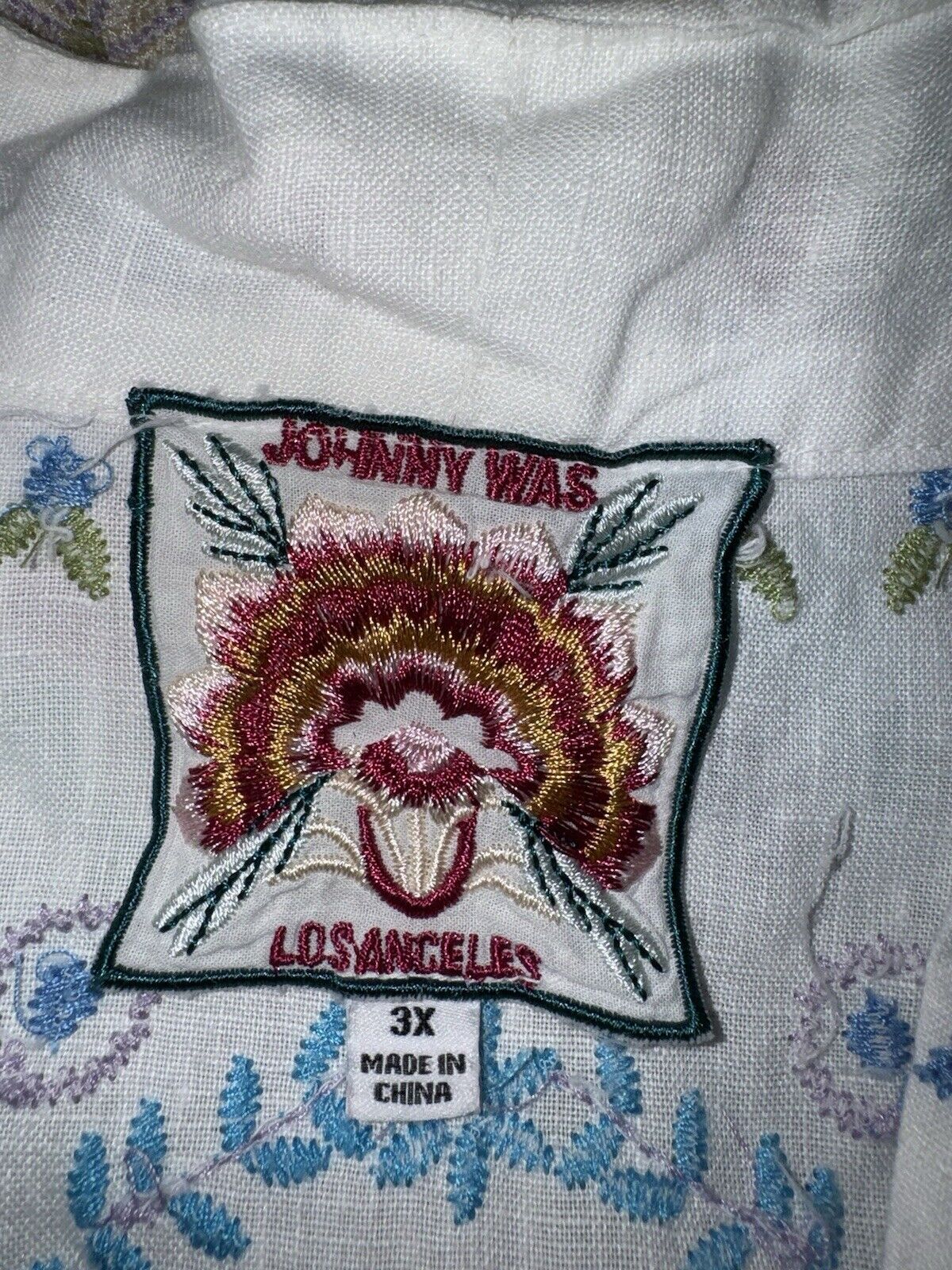 Johnny Was 3X White Linen Kimono Embroidered Blue & Pink Wrap Jacket