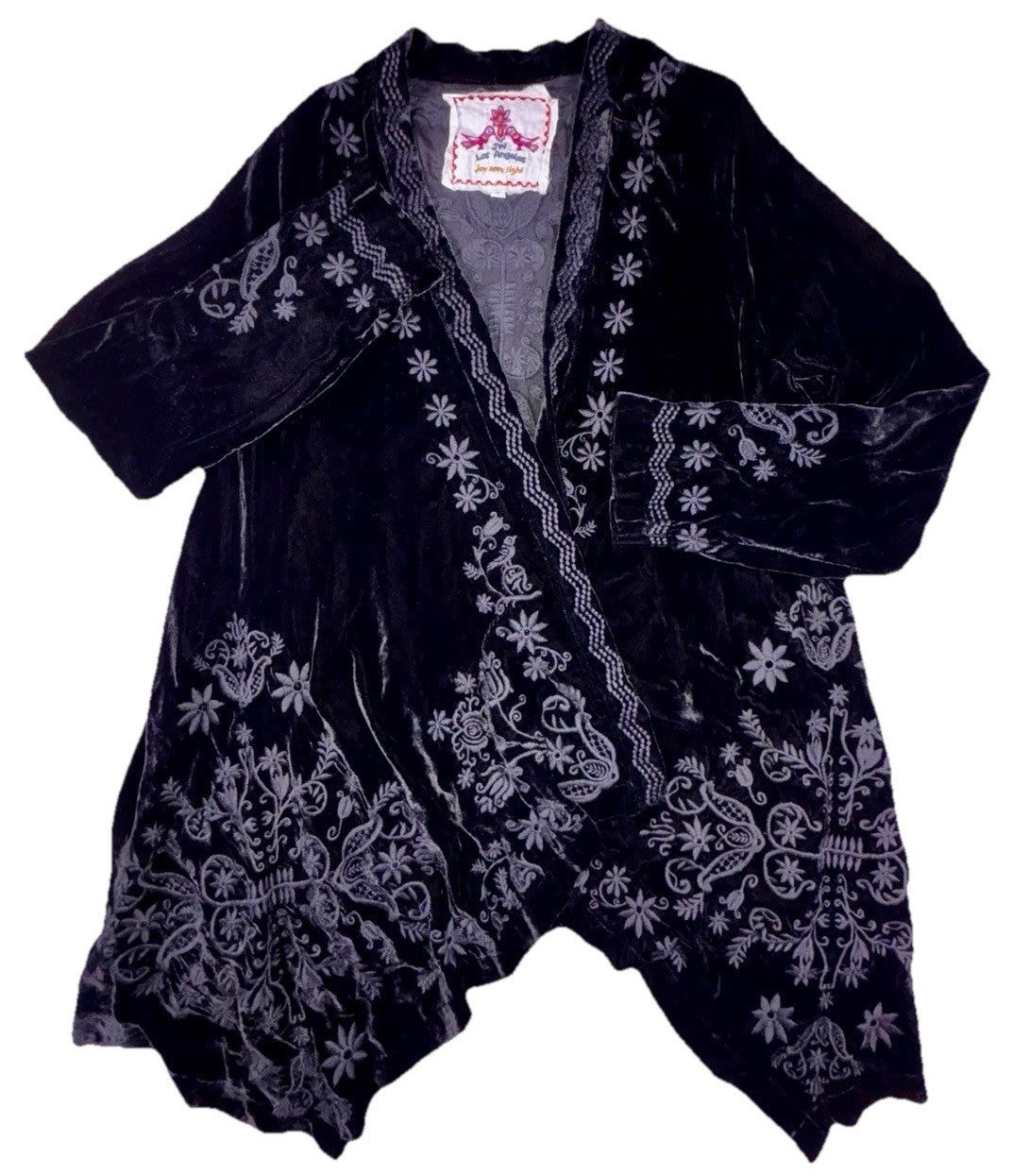 Johnny Was XL Black Velvet Kimono Wrap Cardigan Tonal Cross Embroidery Back Johnny Was
