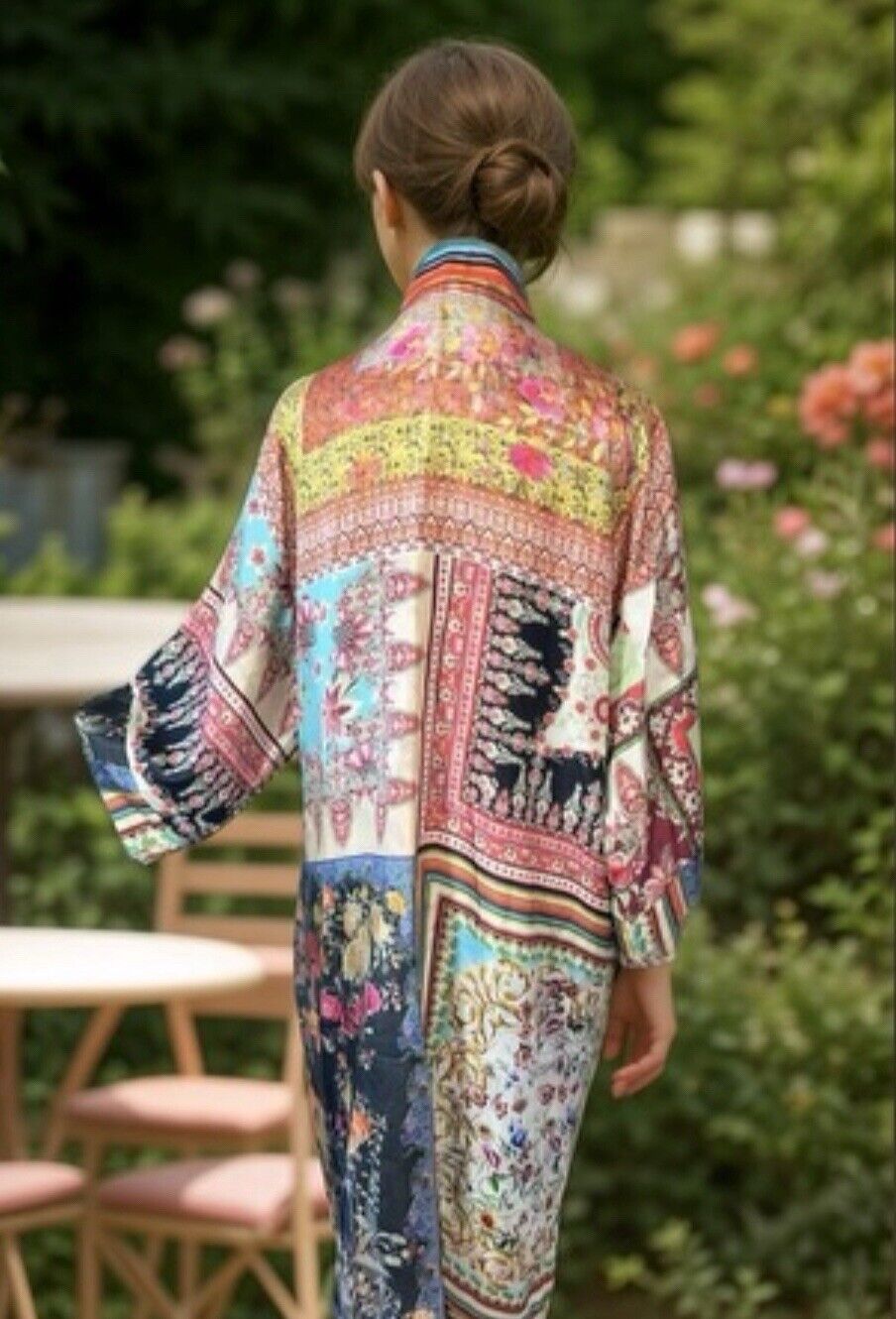 Johnny Was 100% Silk Long Kimono Wrap PL Petite Large REVERSIBLE Duster