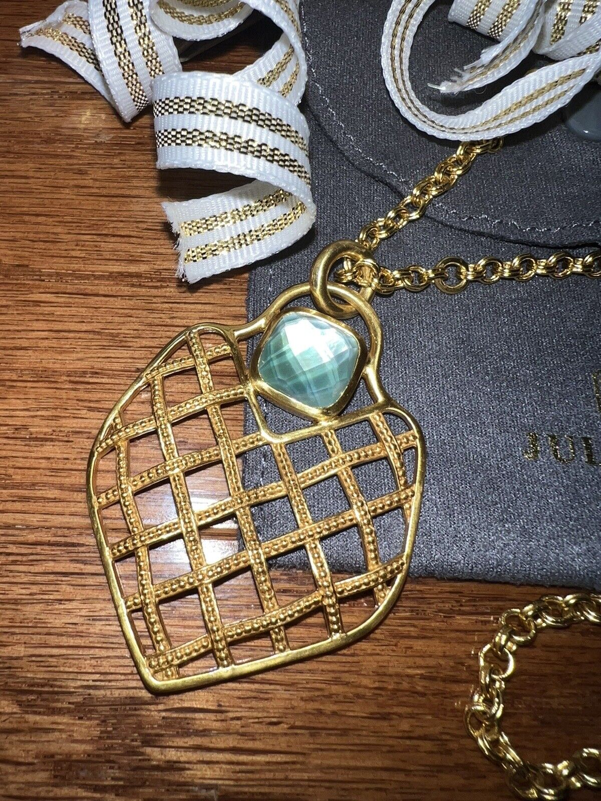 Julie Vos NECKLACE Basketweave 24k Gold Plate Pendant Iridescent Blue/Green