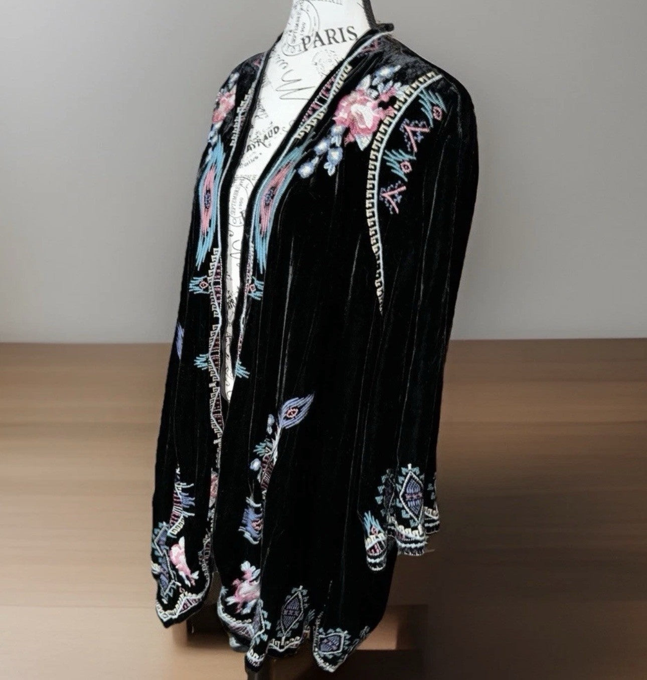 Johnny Was Black Velvet L Kimono Wrap Duster Jacket Coat Cardigan Aztec Luxury Johnny Was
