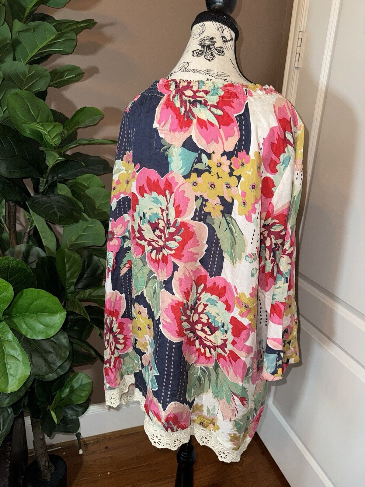 Johnny Was 3X 3XL 100% Silk Tunic Top Kimono Blue & Pink Floral Peasant RARE