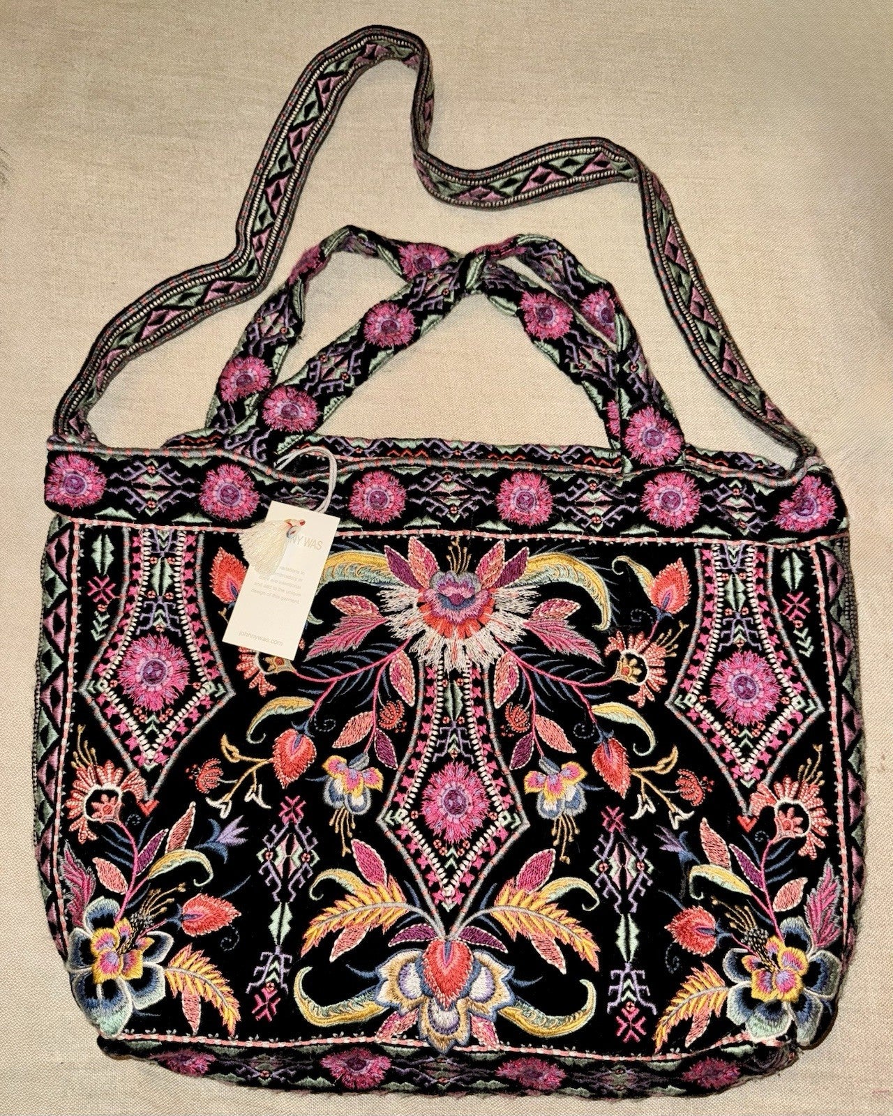 Johnny Was Large Black Velvet Hobo Bag Tote Purse Embroidered Crossbody Johnny Was