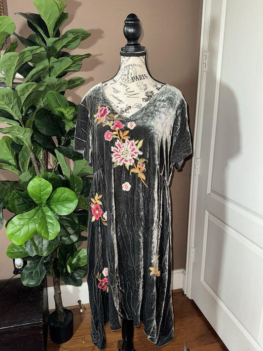 Johnny Was Sz L Large Midi Dress Grey Velvet Floral Asymmetrical Hem