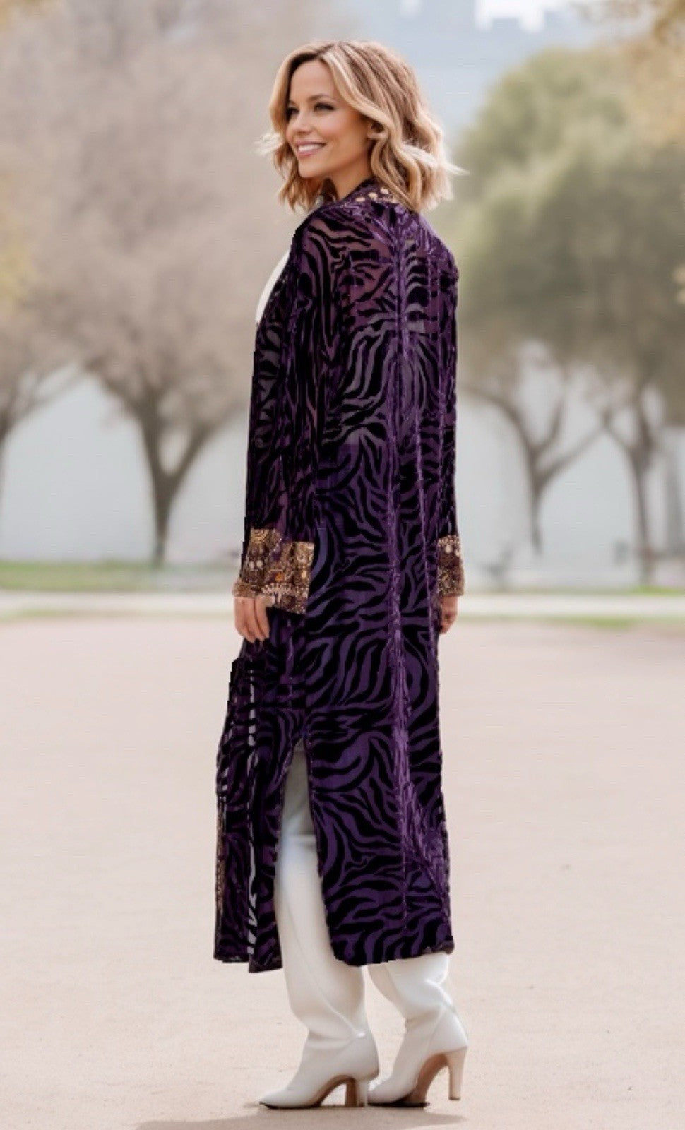 Johnny Was XL Burnout Velvet Long Kimono Duster Wrap Deep Eggplant Zebra & Gold Johnny Was