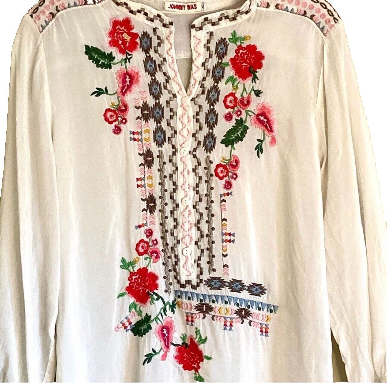 Johnny Was Silky White Embroidered Peasant Blouse Top Tunic XL SUMMER