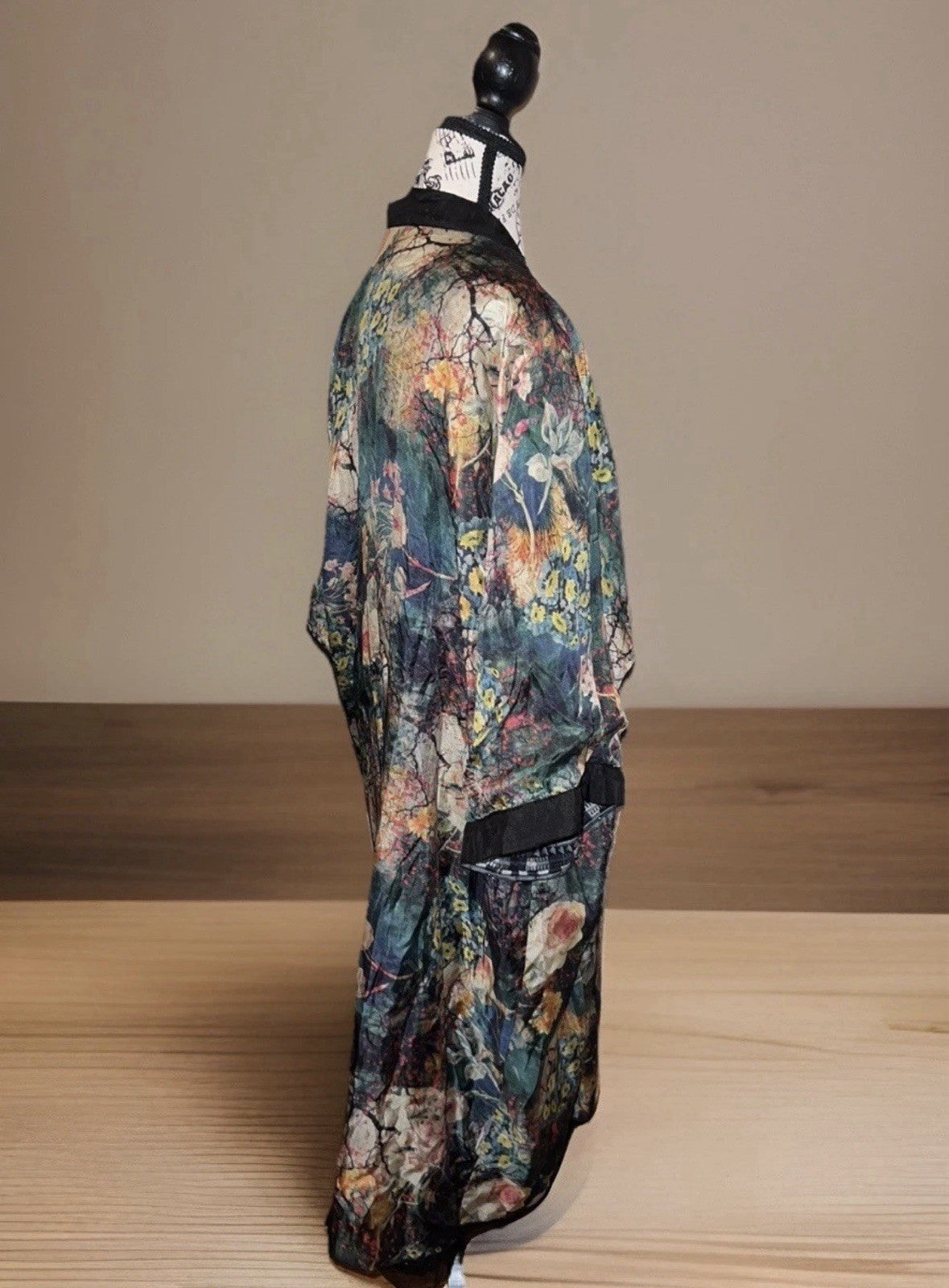 Johnny Was Sz L Black 100% Silk & Sequins KIMONO Long Duster Coat REVERSIBLE Johnny Was