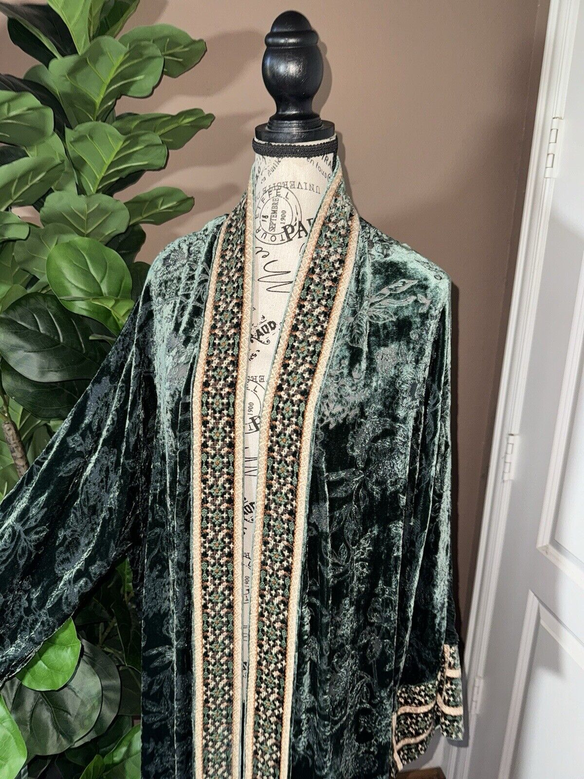 Johnny Was Large Burnout Velvet Long Kimono Duster Wrap Coat Embroidered