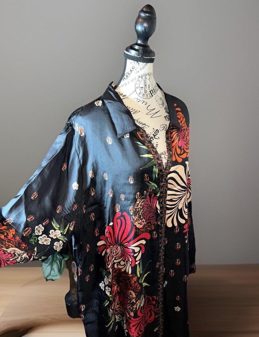 Johnny Was XL 100% Silk Black & Red Floral Blouse Button Up Tunic Top Mini Dress Johnny Was