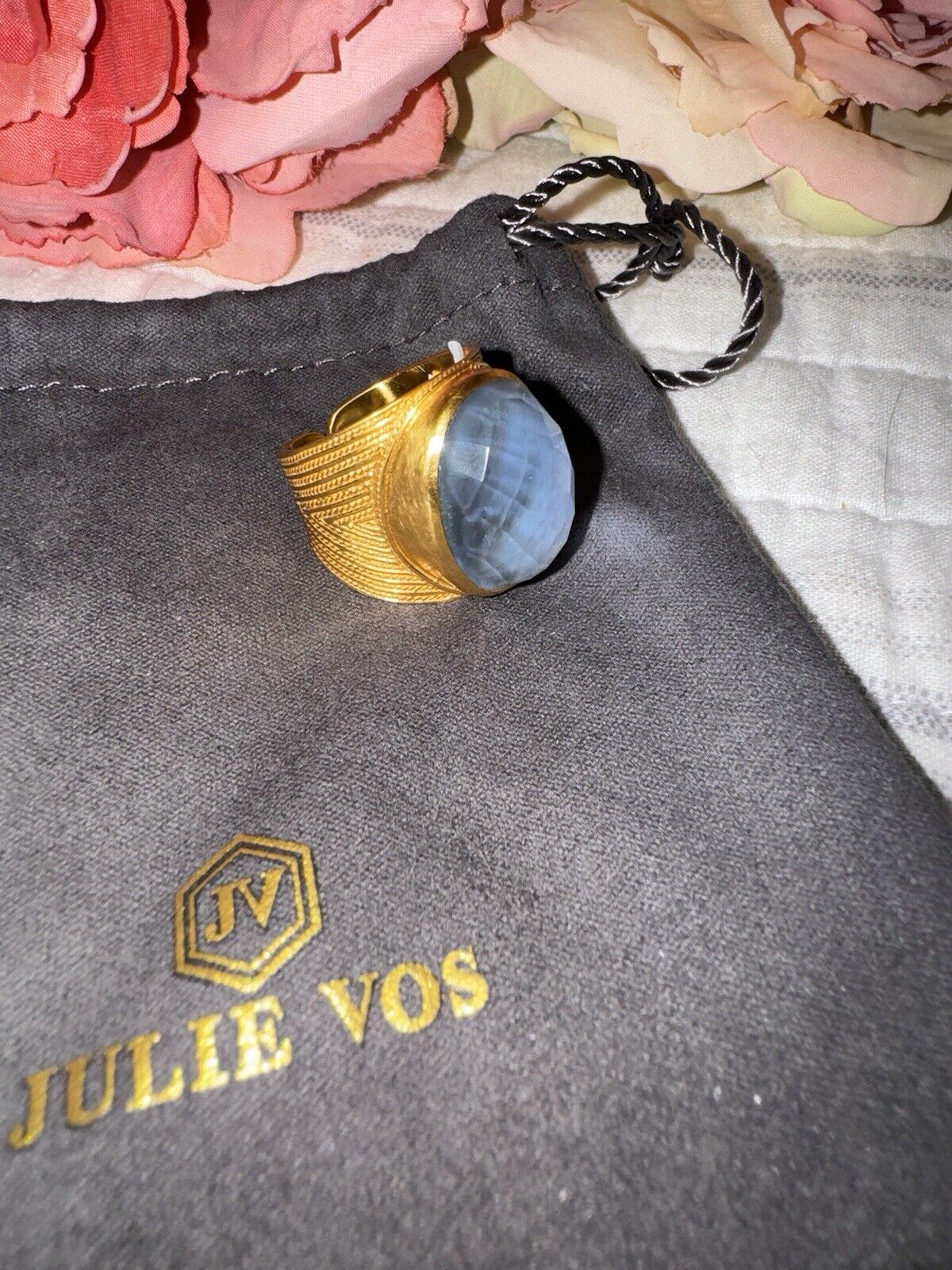 Julie Vos Ring Iridescent Soft Blue & 24k Gold Plate Sz 9 ADJUSTABLE