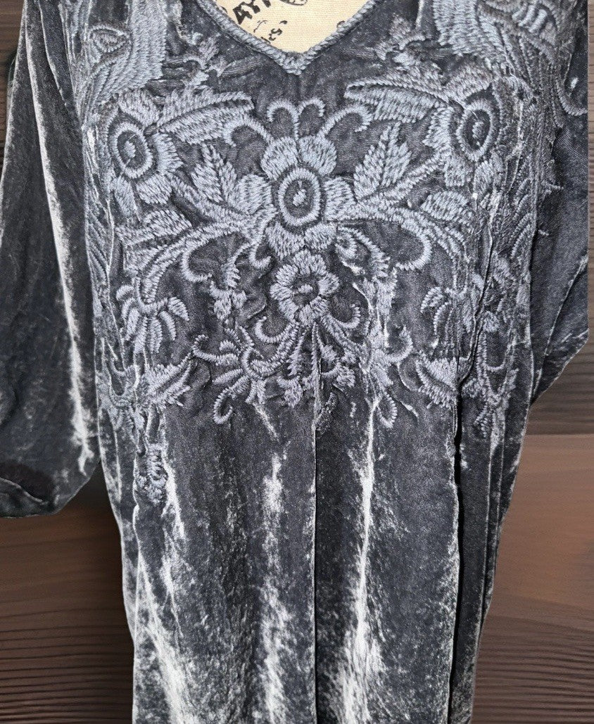 Johnny Was L Steel Grey Velvet Mini Dress Or Tunic Top BOHO Tonal Embroidery Johnny Was
