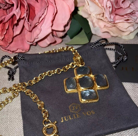 NEW Julie Vos Charcoal Blue & 24k Gold Plate Cross Statement Necklace & Pendant