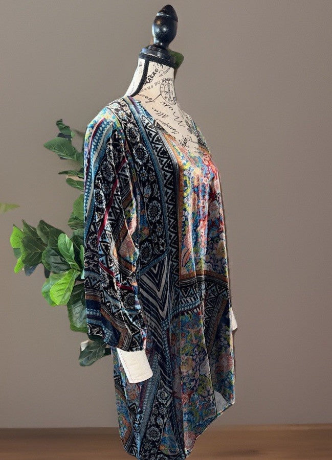 Johnny Was XXL Velvet Mini Shift Dress Tunic Or Top Shirt Jewel Tones BOHO Johnny Was