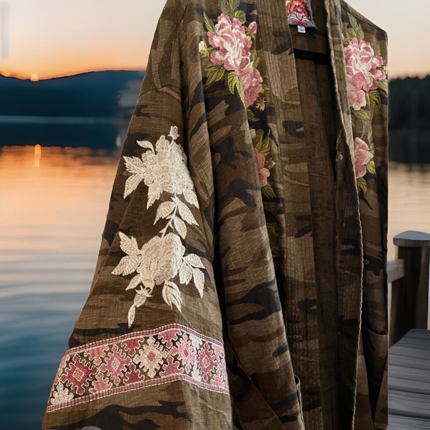 Johnny Was Medium Linen Camo Embroidered Kimono Duster Top Wrap Coat Jacket