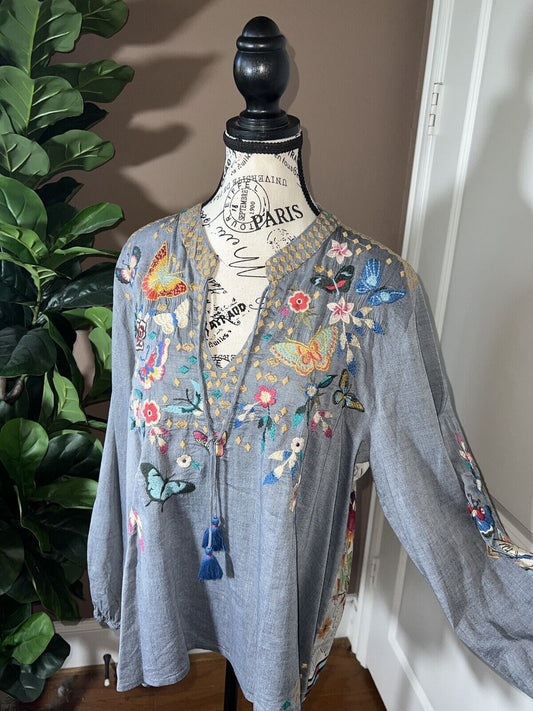 Johnny Was Large L Chambray Blue Embroidered & Silk Back Tunic Top BUTTERFLY