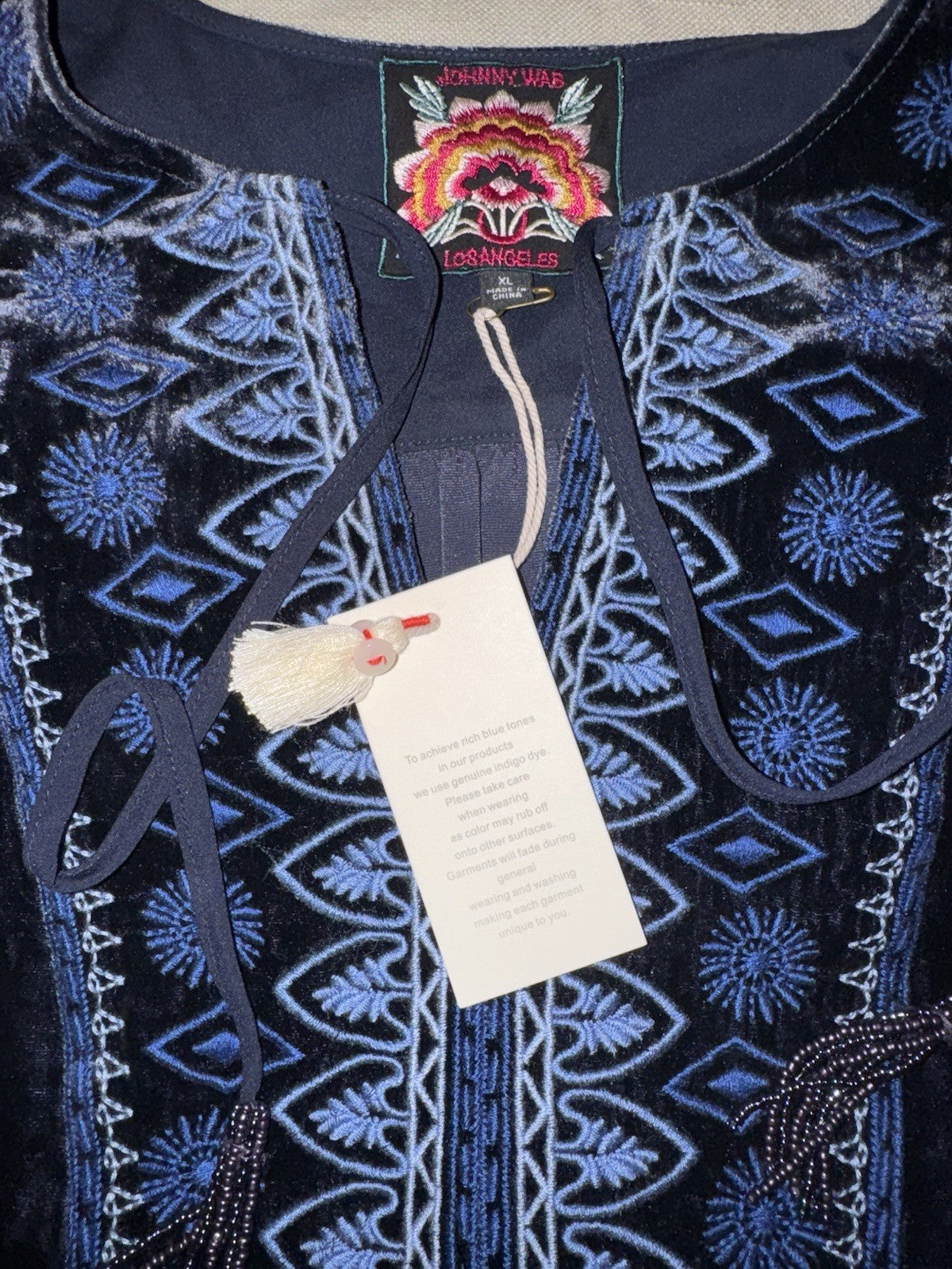 Johnny Was XL Blue Velvet Peasant Blouse Tunic Top Embroidered $328 Retail Johnny Was