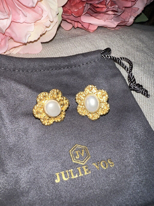 NEW Julie Vos Pearl & 24k Gold Plated Flower Statement Earrings NWOT