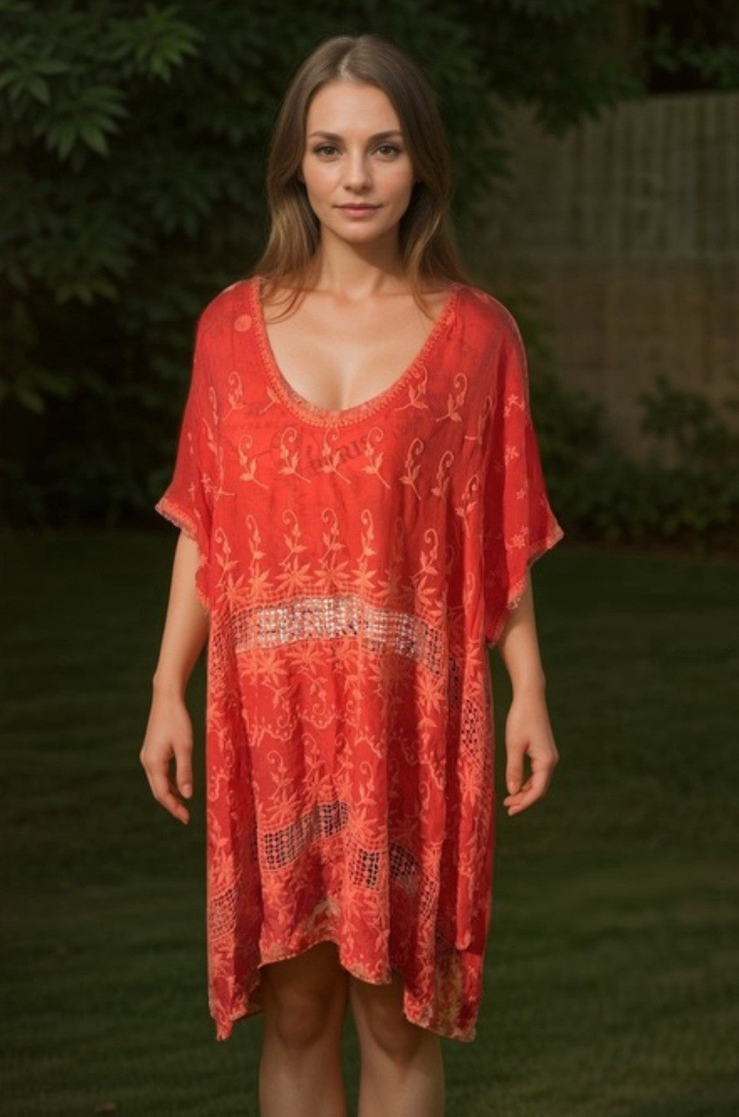 Johnny Was 1X Orangey Red Tunic Top Silky Cool Embroidery & Eyelet Tonal Kimono Johnny Was