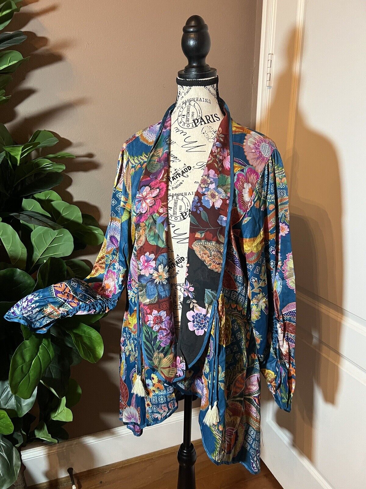 Johnny Was Duster Kimono REVERSIBLE XL 1X   Teal Blue & Wine Red Florals