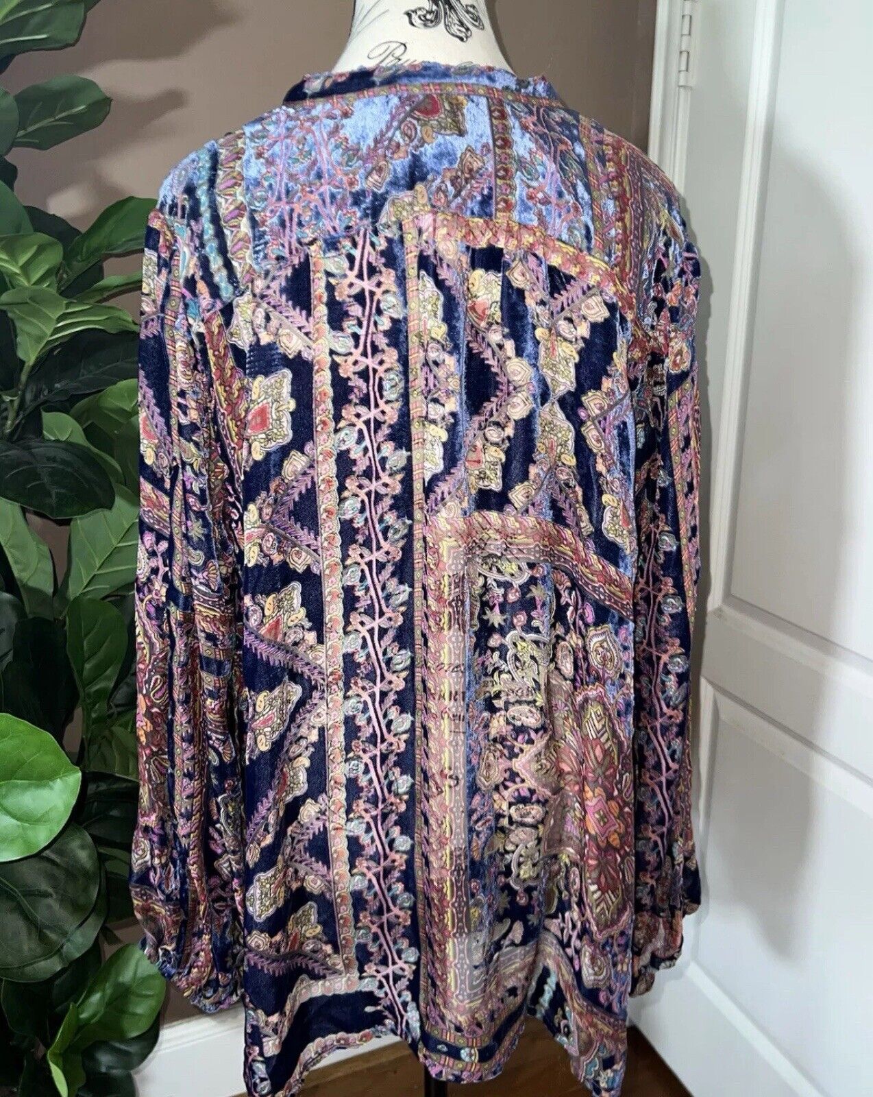 Johnny Was 3X Burnout Velvet & Silk Blouse Long Sleeve Top Purple & Blue