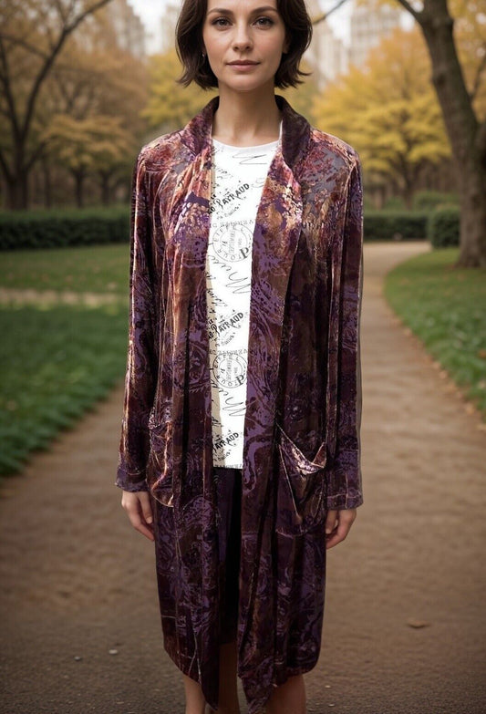 Johnny Was Large Burnout Velvet Long Kimono Duster Wrap Burgundy Wine Jacket