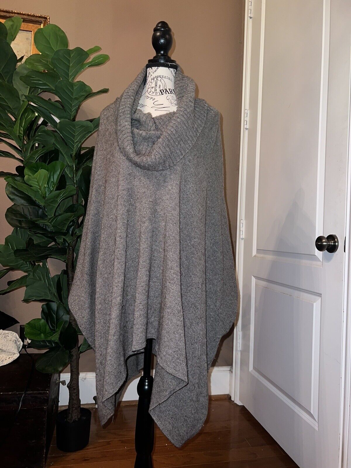 Eileen Fisher L Charcoal Grey Merino Wool Cowl Neck Poncho Pullover Sweater