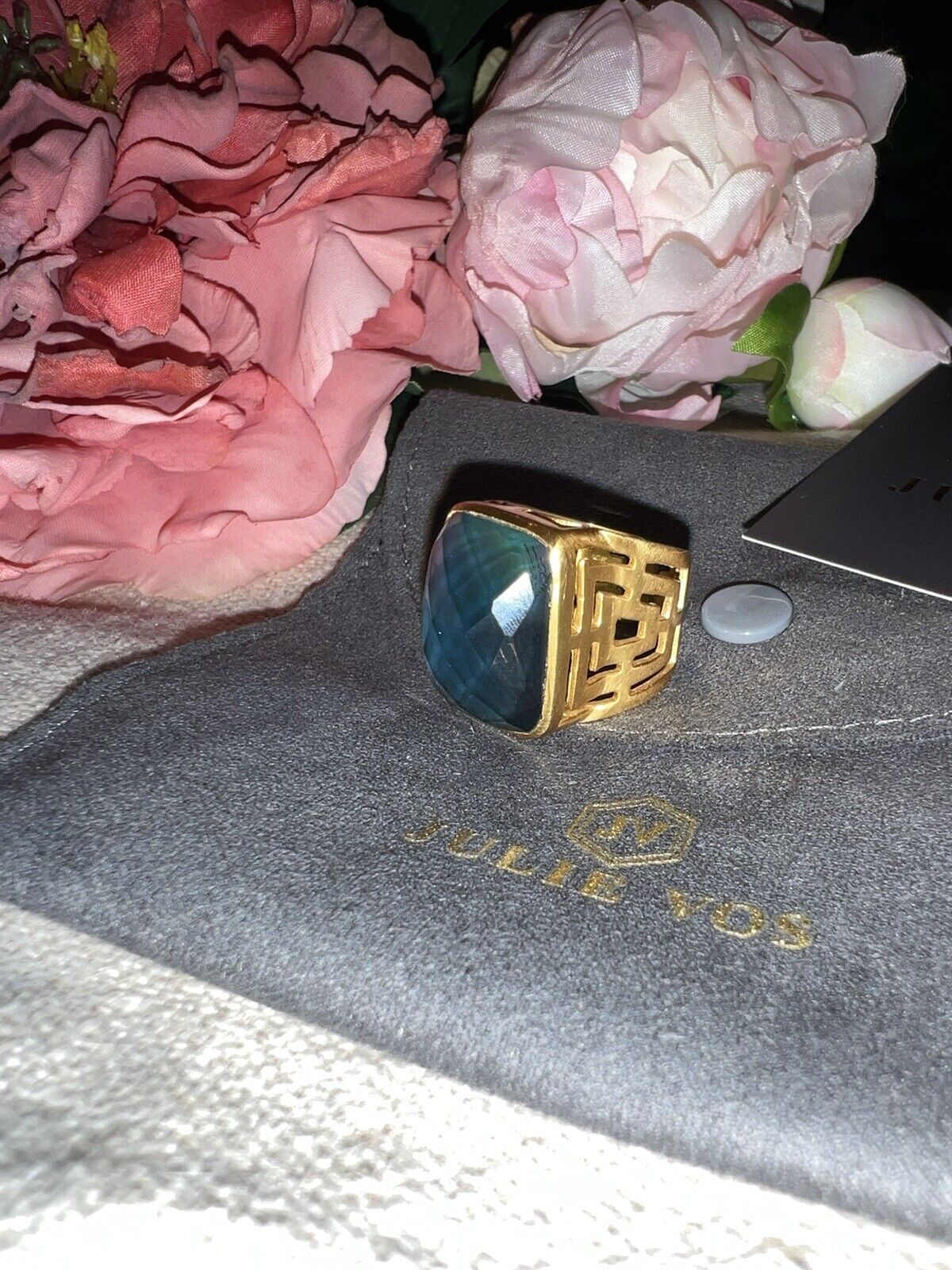 Julie Vos Iridescent Blue Statement Ring Sz 8 ADJUSTABLE 24k Gold Plate