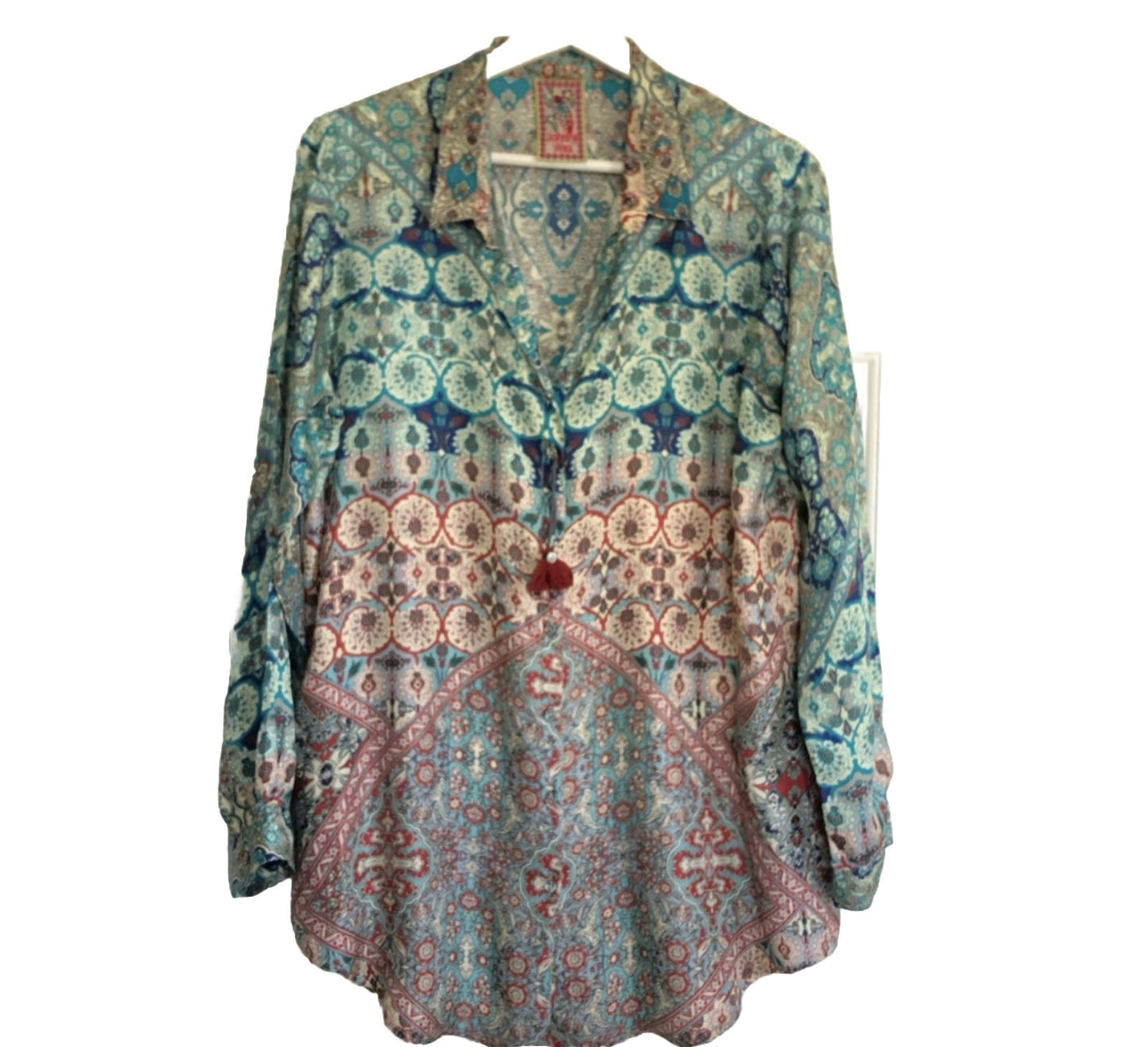 Johnny Was 100% Silk Button Up Top Sz M Medium Long Sleeve