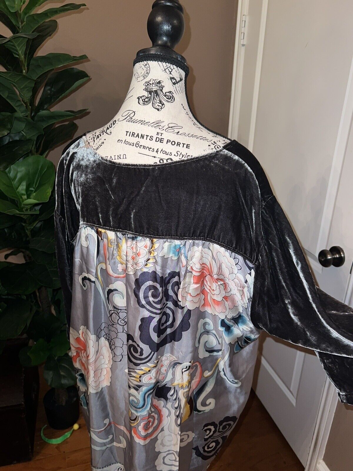 Johnny Was Grey Velvet & Silk Scarf Tunic Top Mini Dress XL Extra Large