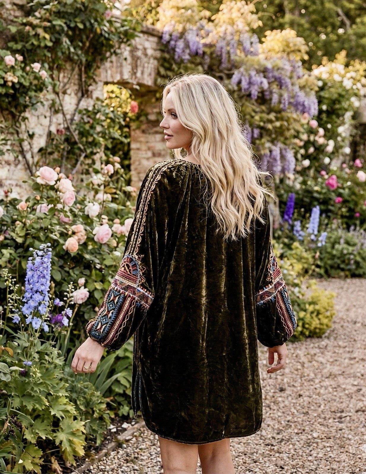 Johnny Was XL Olive Brown Velvet Peasant Blouse Embroidered Tunic Top Mini Dress Johnny Was