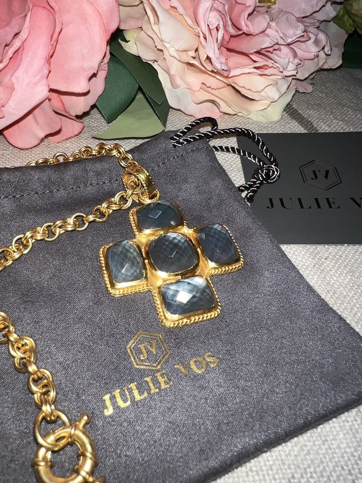 NEW Julie Vos Charcoal Blue & 24k Gold Plate Cross Statement Necklace & Pendant