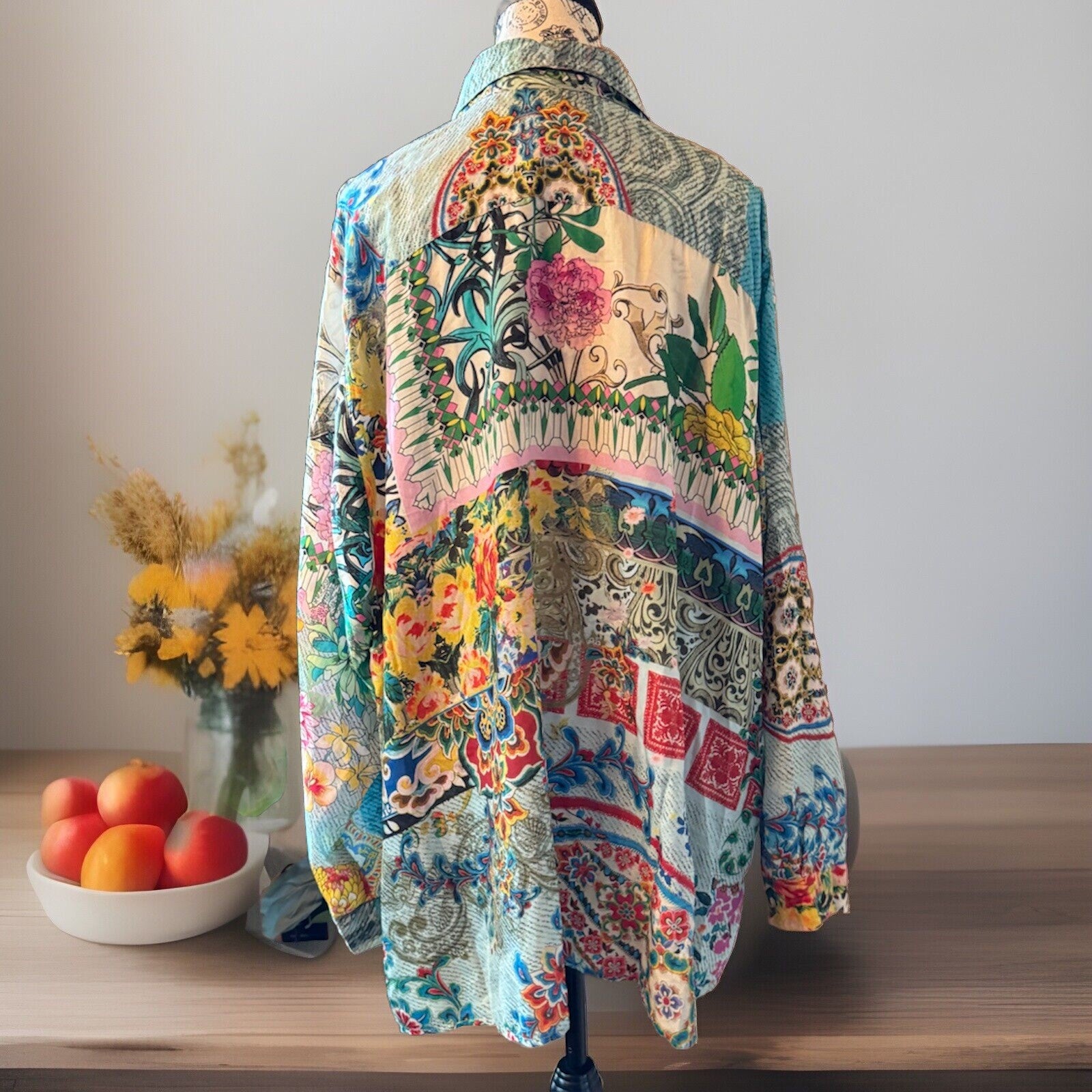 Johnny Was 3X 3XL 100% Silk Button Up Tunic Top Blouse Shirt Kimono L/S Johnny Was