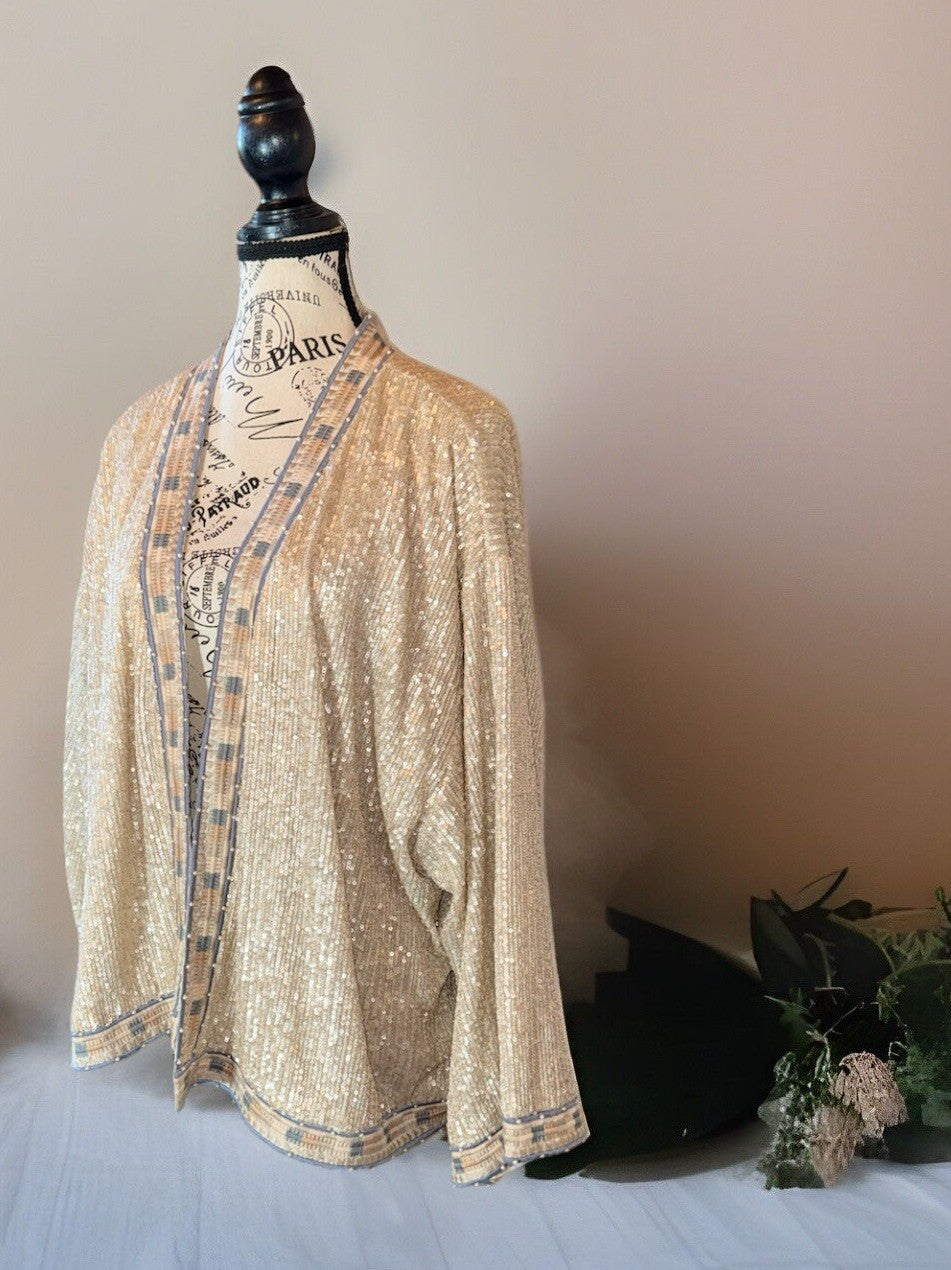 Johnny Was L Large Silk & Sequins Ivory KIMONO Jacket Wrap Pearl Accents Johnny Was
