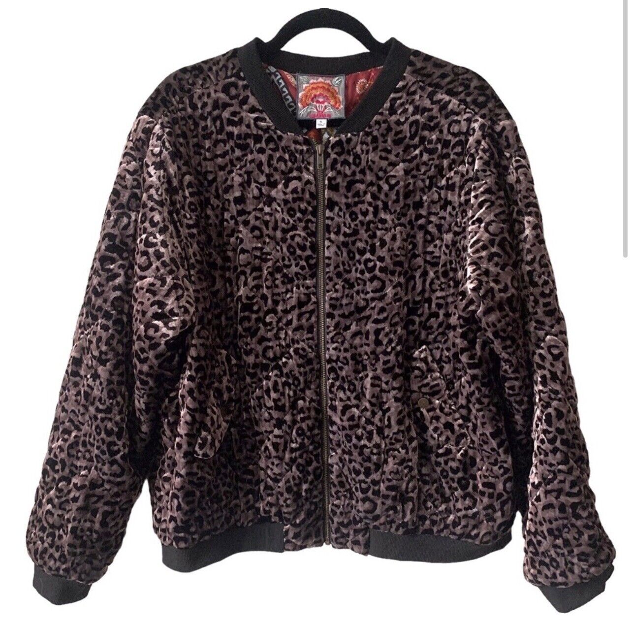 Johnny Was Leopard Velvet Quilted Bomber Jacket Coat Sz XL Silk Interior