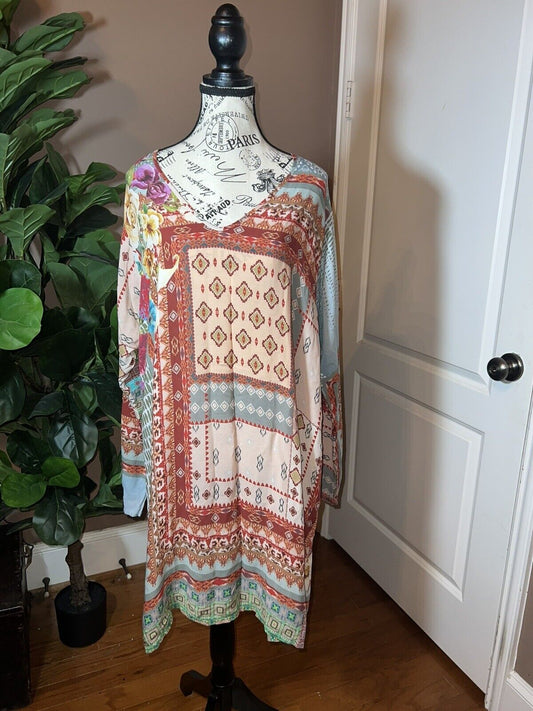 Johnny Was Silky Floral & Patchwork Blouse Top Tunic Sz L