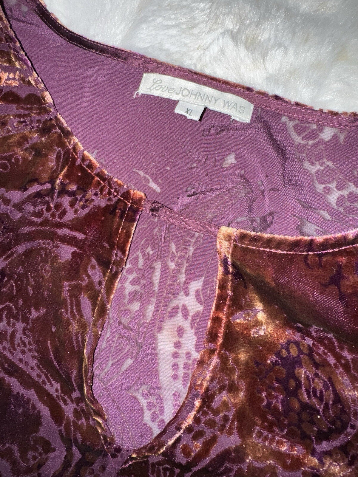 Johnny Was Sz XL Rust Red Burnout Velvet Tunic Top Peasant Blouse Keyhole Johnny Was