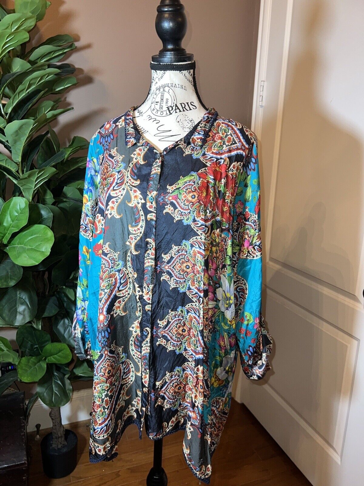 100% Silk Johnny Was Tunic Top XL 1X 1XL Kimono Feel Colorful Spring