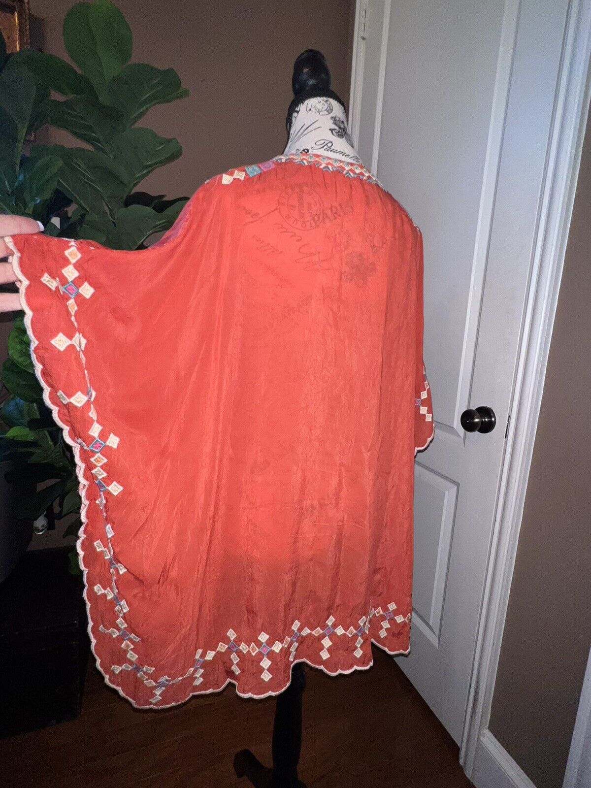 Johnny Was Red Embroidered Silky Tunic Top VERY OVERSIZED 32” PTP Poncho