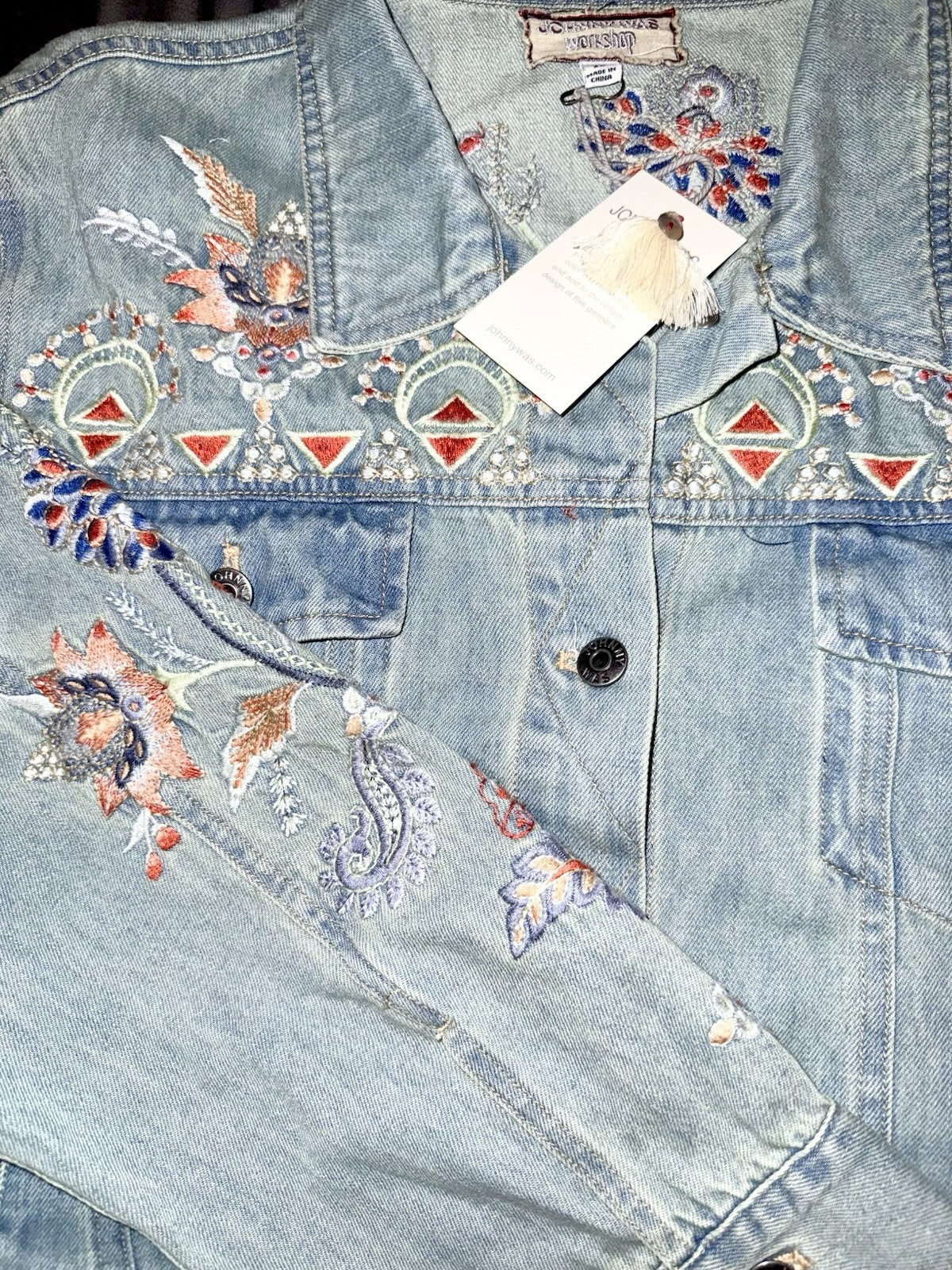 Johnny Was XL Denim Jacket Worker Coat Embroidered Phoenix Bird Light Wash Johnny Was