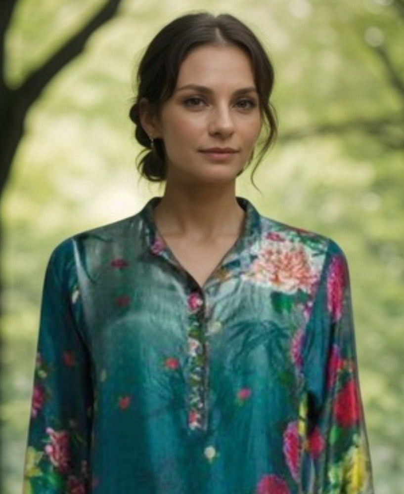 Johnny Was XL 100% Silk Mini Shirt Dress Button Up Tunic Top  Roses Blue Johnny Was