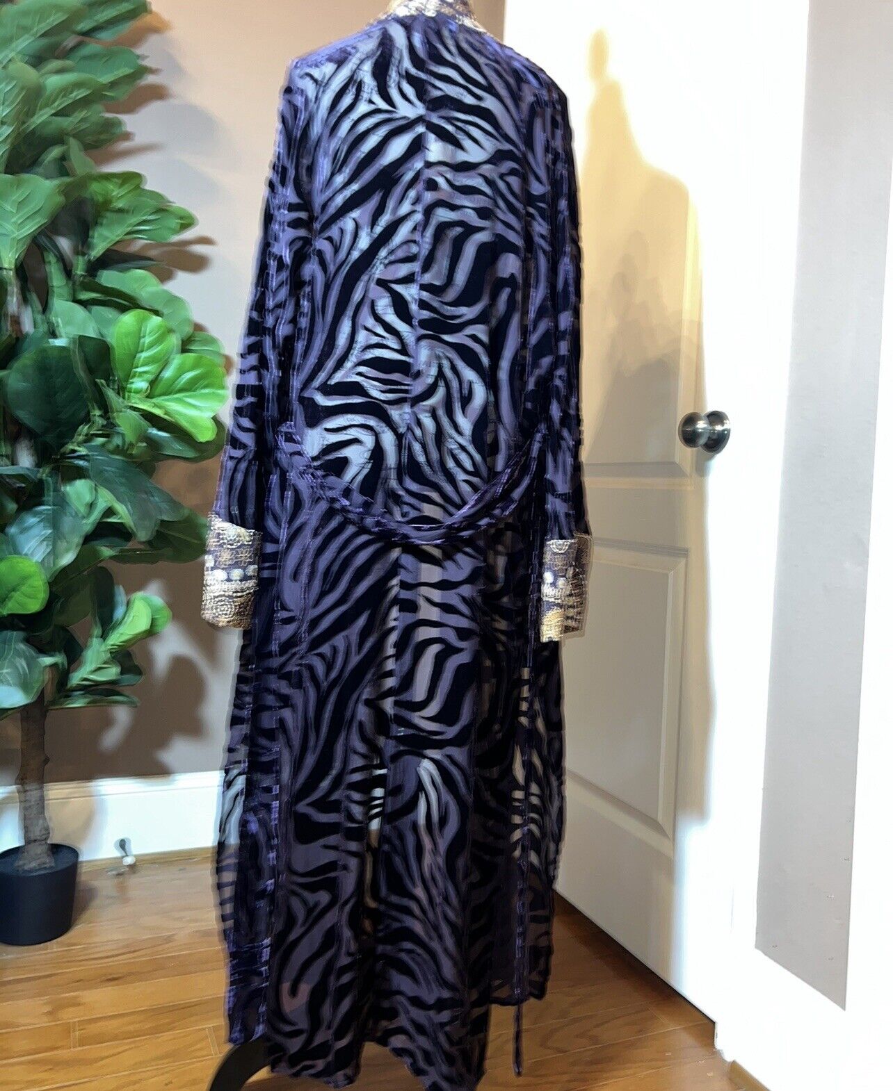 Johnny Was XL Burnout Velvet Long Kimono Duster Wrap Deep Plum Wine Zebra & Gold