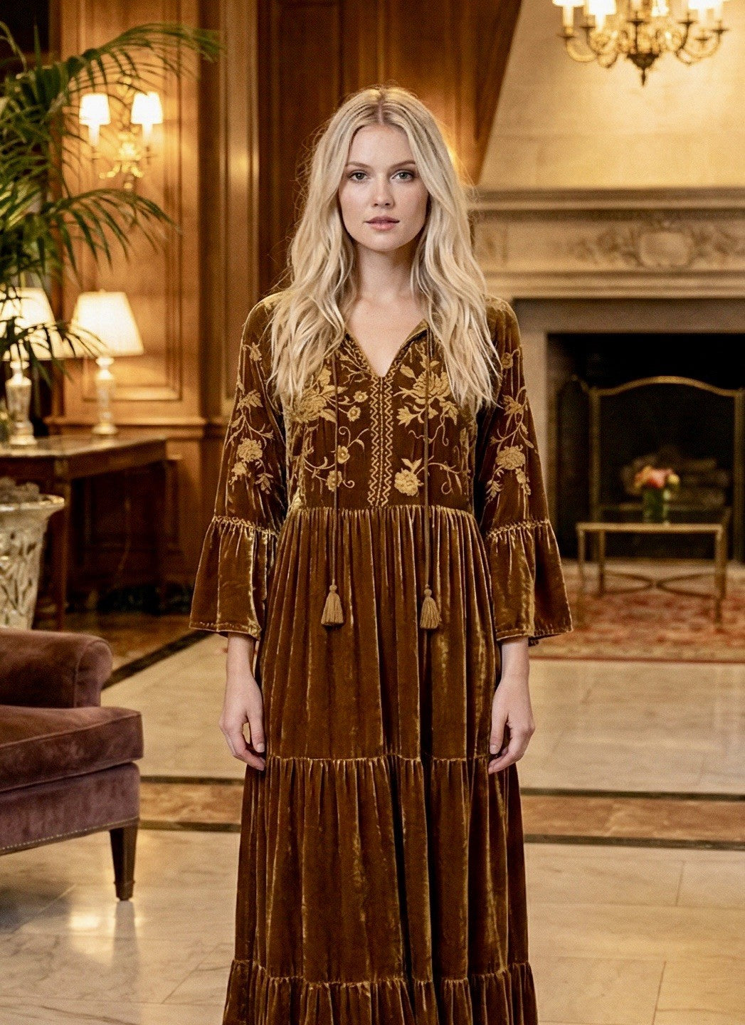 JOHNNY WAS L Large Golden Brown Velvet Midi Dress Tiered Embroidered Maxi Johnny Was