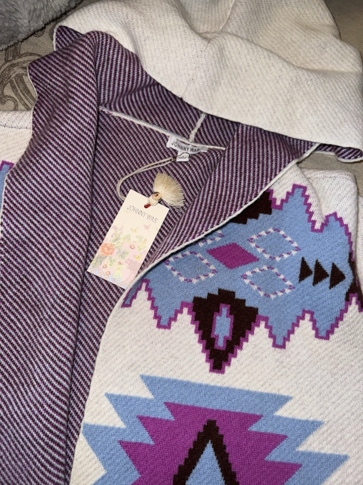 Johnny Was L White Purple & Blue Cashmere & Wool Cardigan Sweater Wrap $478 Johnny Was